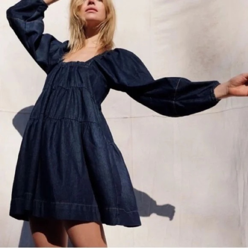 Free People Lou Jean Denim Babydoll Dress Large Blue Western Cowgirl Festival